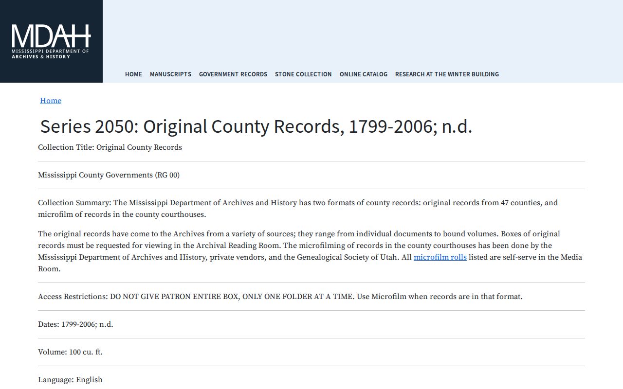 Grenada County court records reference in Mississippi archives