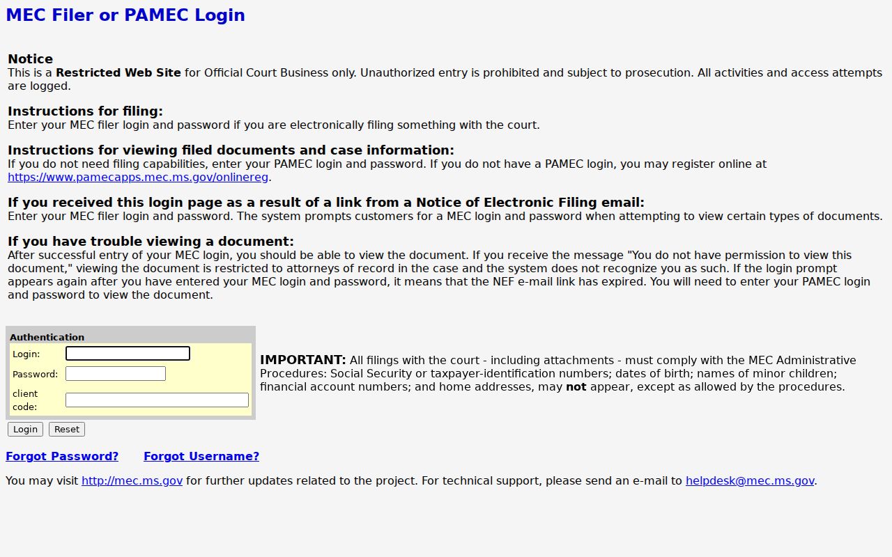 Grenada County criminal docket Fifth Circuit MEC login screen