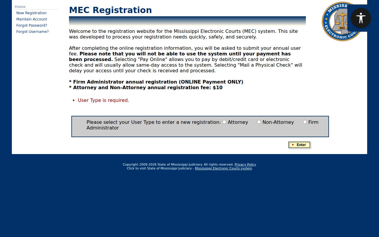 Grenada County criminal docket PAMEC non-attorney registration form