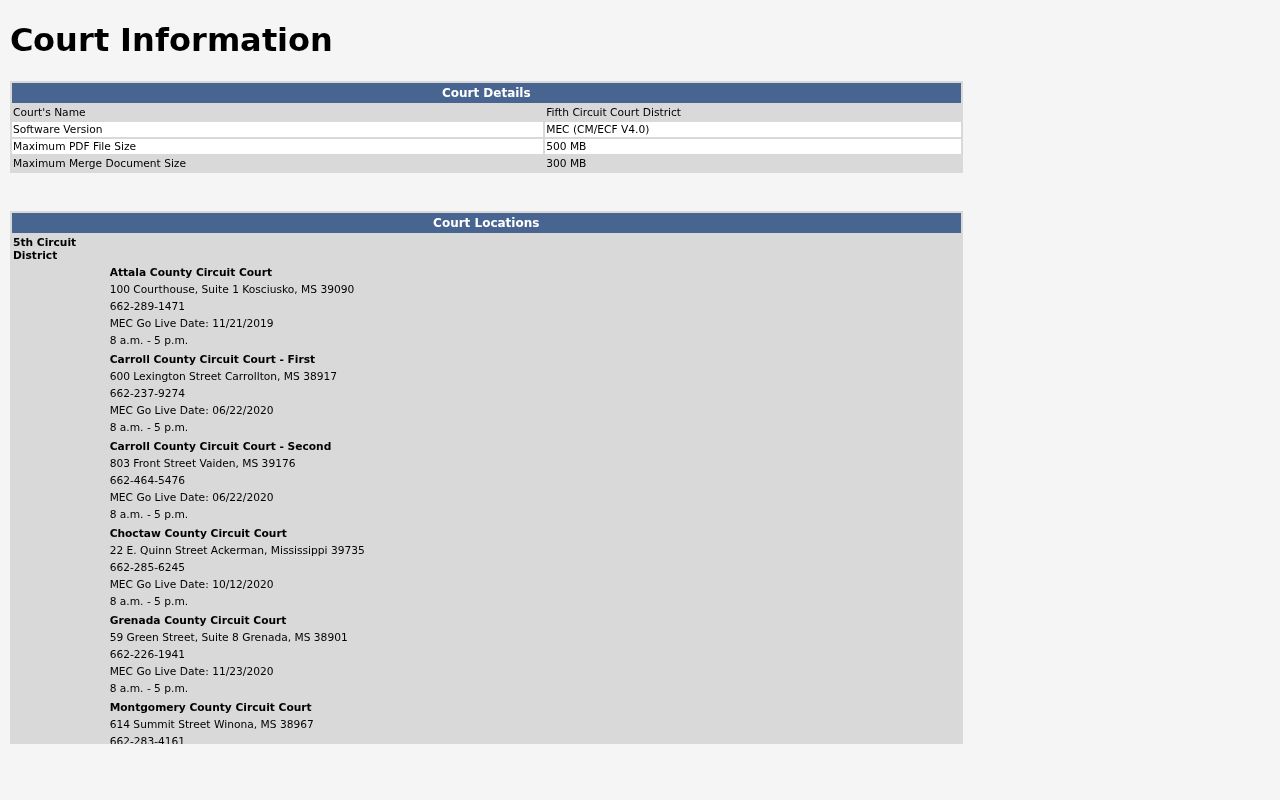 Grenada County Circuit Court docket information record